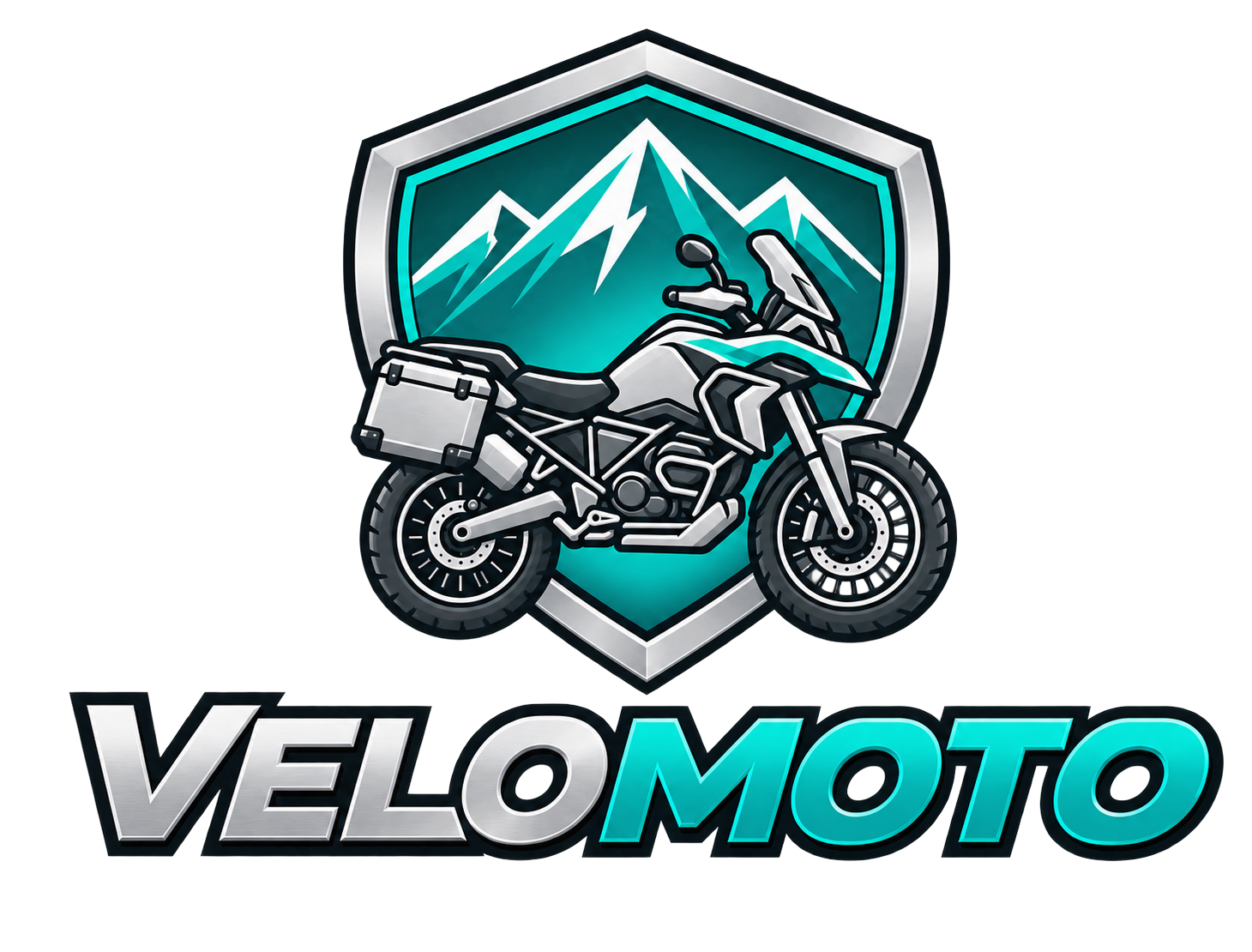 VELOMOTO-Logo mit Motorrad und Bergmotiv